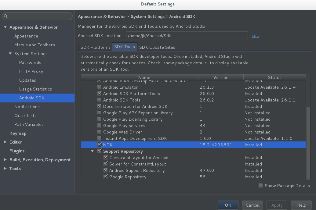 android studio 2.2.3 ndk not installed